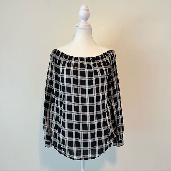Rag & Bone Plaid Off Shoulder Top Blouse Size Small Black White - Picture 2 of 9